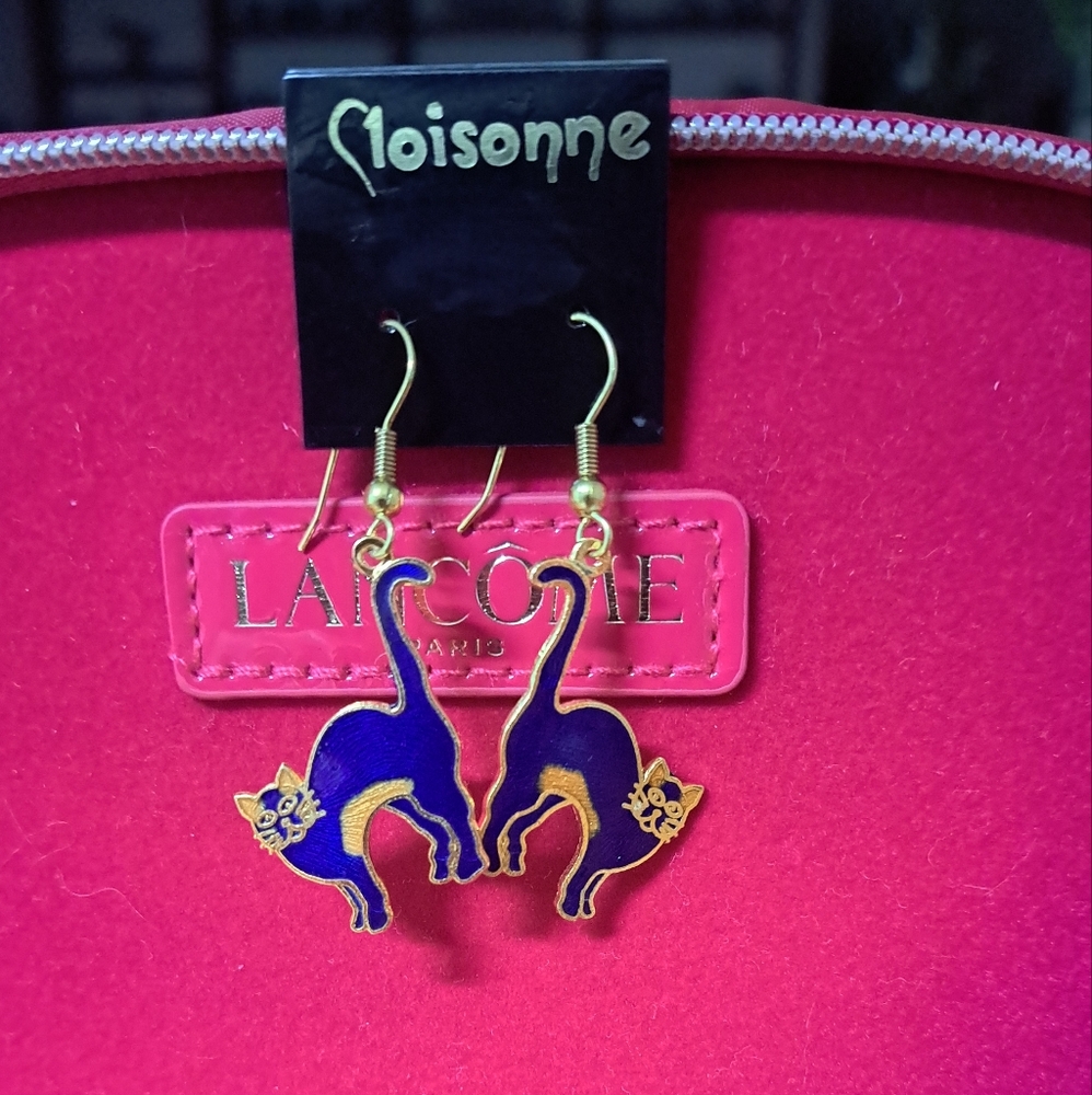Blue Cat Earrings Genuine Cloisonne